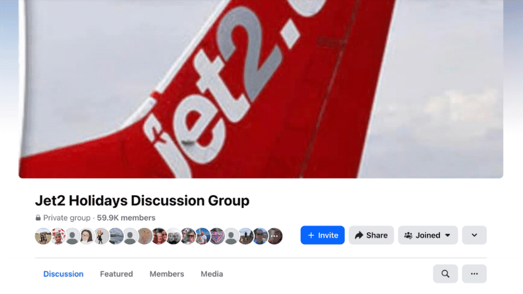 Screenshot of the Jet2 Holidays Discussion Group Facebook page, showing the group’s name, membership count of 59.9K, and Jet2 branding on an aircraft tail.