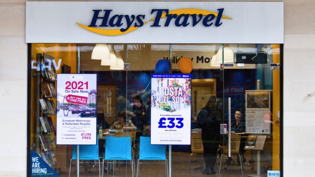 Exterior of a Hays Travel branch, one of many independent travel agents in the UK where you can book Jet2 Holidays.