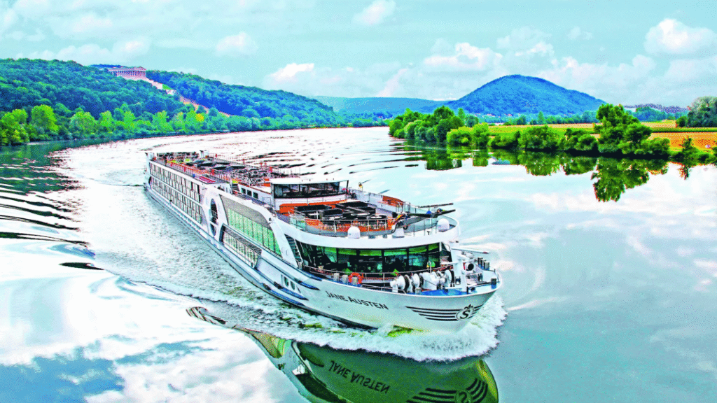 A modern river cruise ship sails along a calm European river, passing close to lush green hills and reflecting clear skies, illustrating how river cruises bring travellers into the heart of historic landscapes and cities.