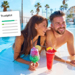 A smiling couple relax in a sunny resort pool with colourful drinks, next to an overlay showing Orbis Travels’ excellent 4.8 Trustpilot rating from 714 reviews.