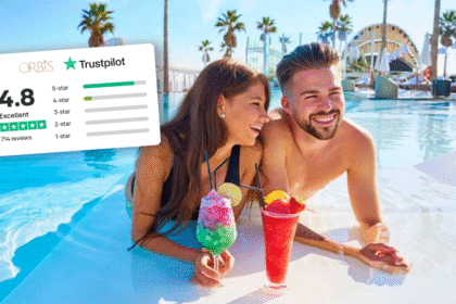 A smiling couple relax in a sunny resort pool with colourful drinks, next to an overlay showing Orbis Travels’ excellent 4.8 Trustpilot rating from 714 reviews.