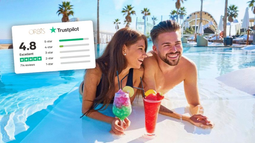 A smiling couple relax in a sunny resort pool with colourful drinks, next to an overlay showing Orbis Travels’ excellent 4.8 Trustpilot rating from 714 reviews.