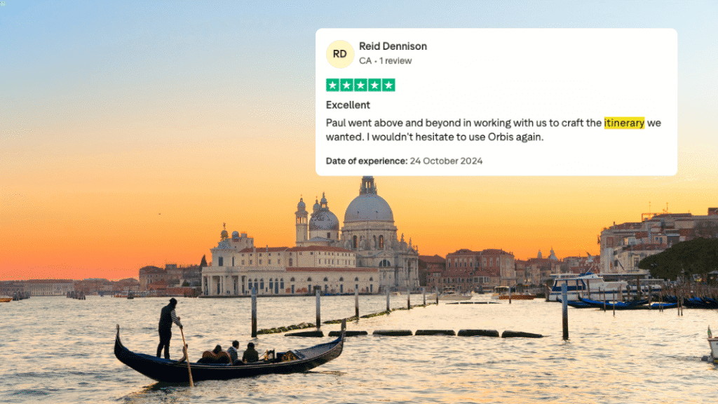 A gondola glides along the Grand Canal in Venice at sunset, with an overlaid positive review praising Orbis Travels for excellent tailored itineraries.