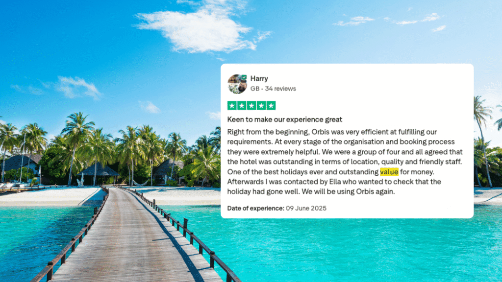 A serene tropical resort with palm trees and turquoise waters, featuring a positive customer review highlighting Orbis Travels’ excellent value for money holidays.
