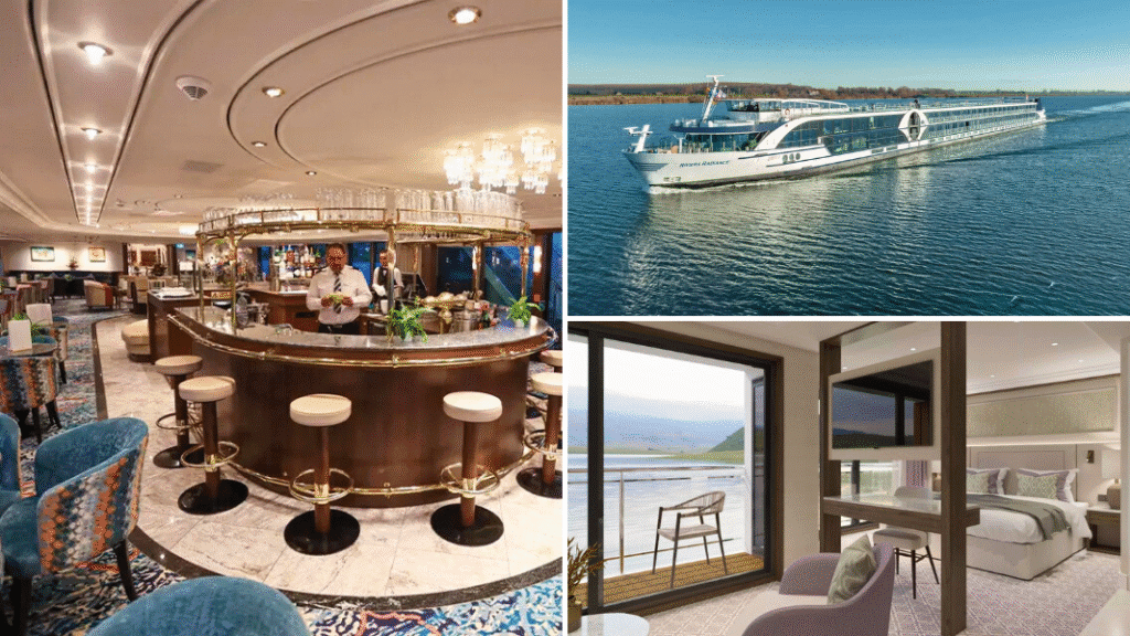 Collage showing the elegant interior bar, stylish cabin, and exterior view of the MS Riviera Radiance river cruise ship, highlighting its modern luxury and comfort.
