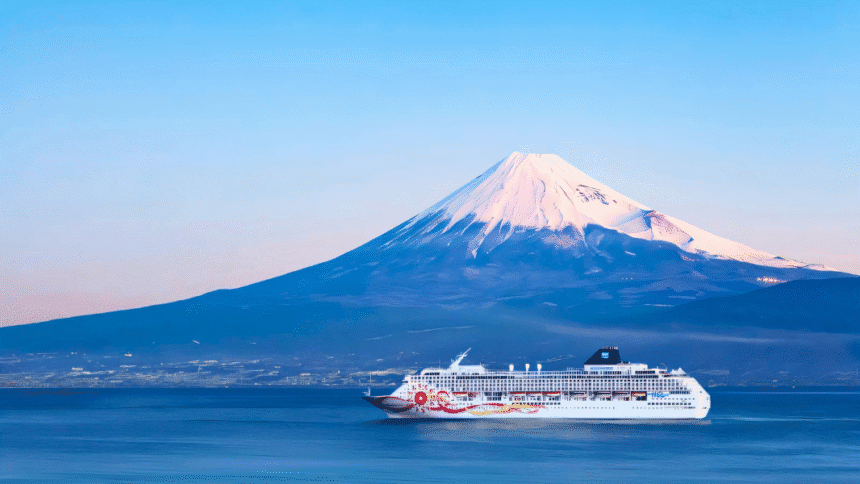 Cruise ship sailing with Mount Fuji in the background, highlighting unique cruise destinations in Japan.