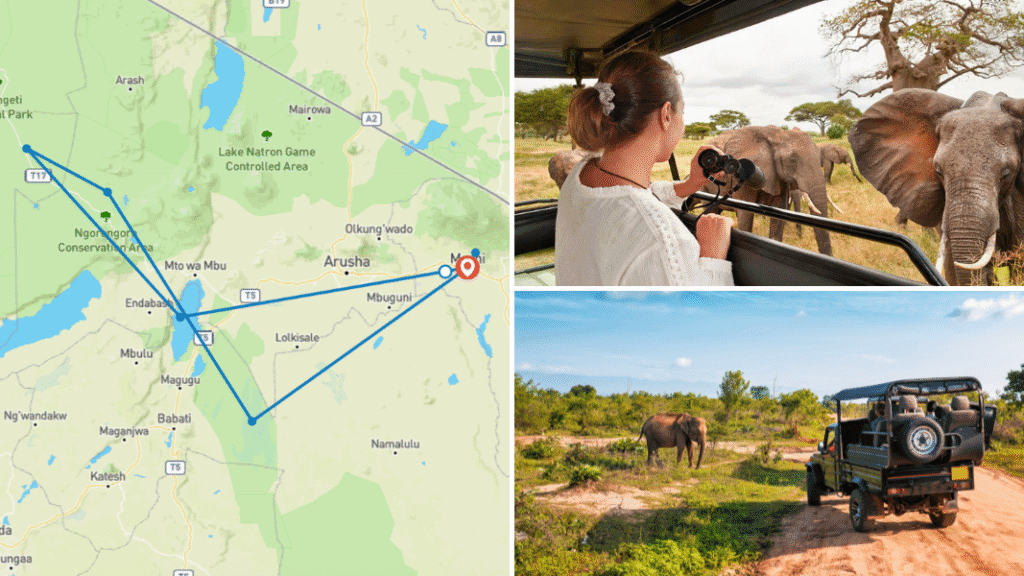 Map and photos of a safari in northern Tanzania, showing key locations and two images of tourists observing elephants from a safari vehicle.